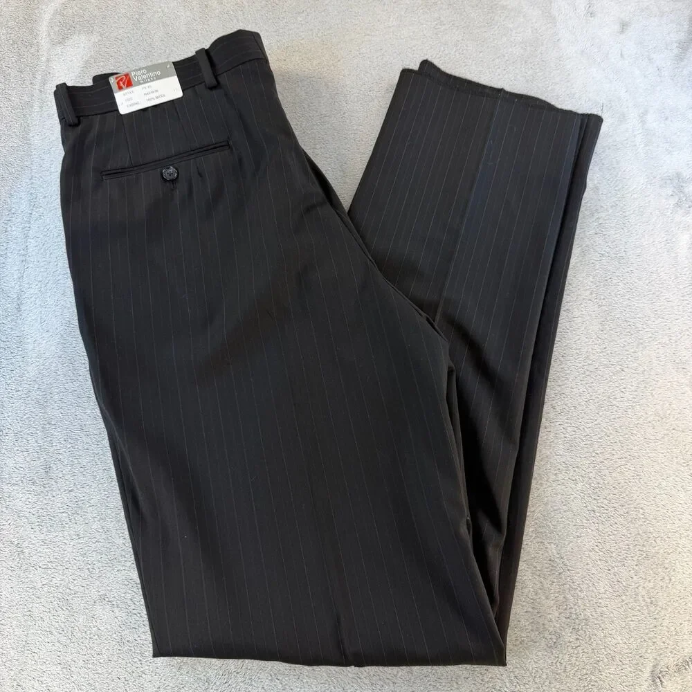 Piero Valentino Milano Mens Wool Dress Pants W36 Black Pinstripe Unhemmed NWT